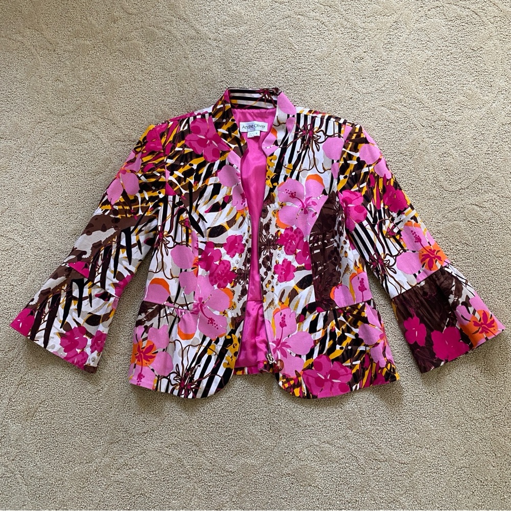 Andre Oliver Women's Size 6 Blazer Pink Floral Blossom Tortoiseshell Career Work